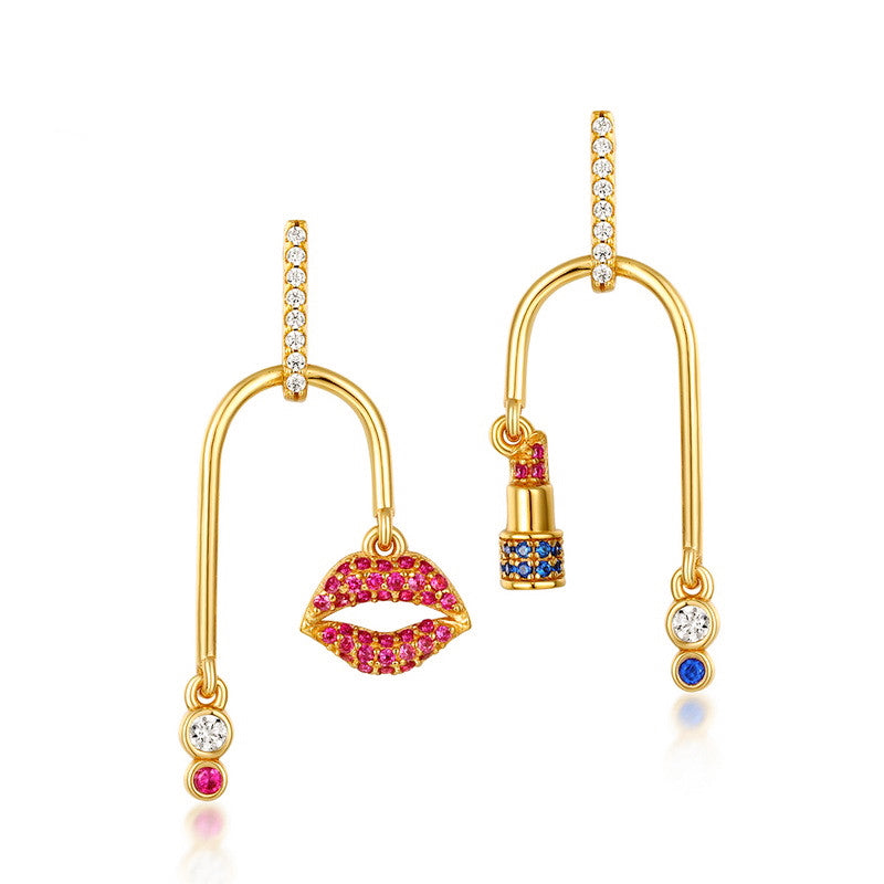 Red Lipstick Asymmetrical Gold Plated Sterling Silver Cubic Zirconia Lip Drop Earrings