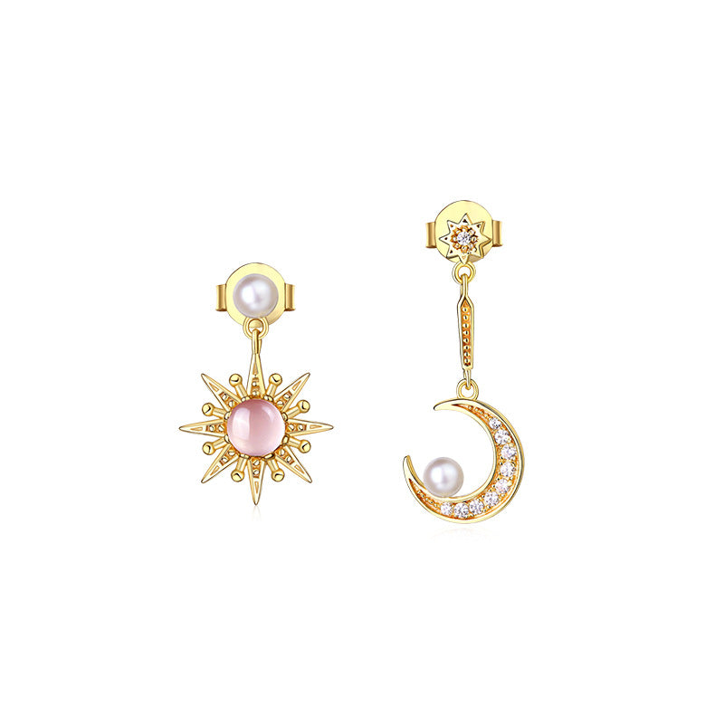 Sun Star And Moon Pearl Gemstone Sterling Silver Cubic Zirconia Gold Plated Drop Earrings
