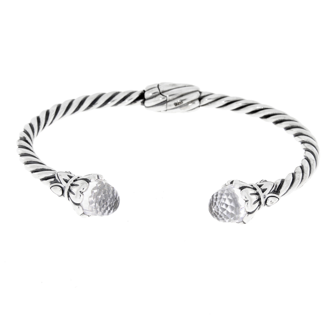 Twisted Spiral Cable 925 Sterling Silver Vintage Cuff Bracelet With Cubic Zirconium Gemstones