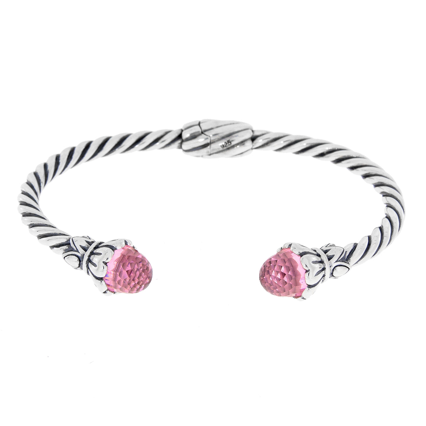 Twisted Spiral Cable 925 Sterling Silver Vintage Cuff Bracelet With Pink Cubic Zirconium Gemstones