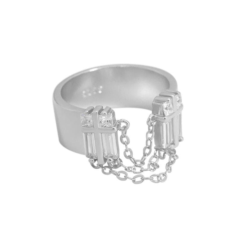 Unique Tassel Chain Cross Sterling Silver Retro Open Adjustable Zirconia Ring