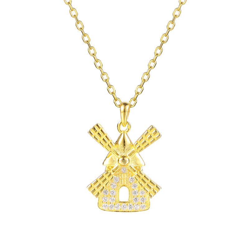 Windmill House Clavicle Gold Plated Sterling Silver CZ Necklace