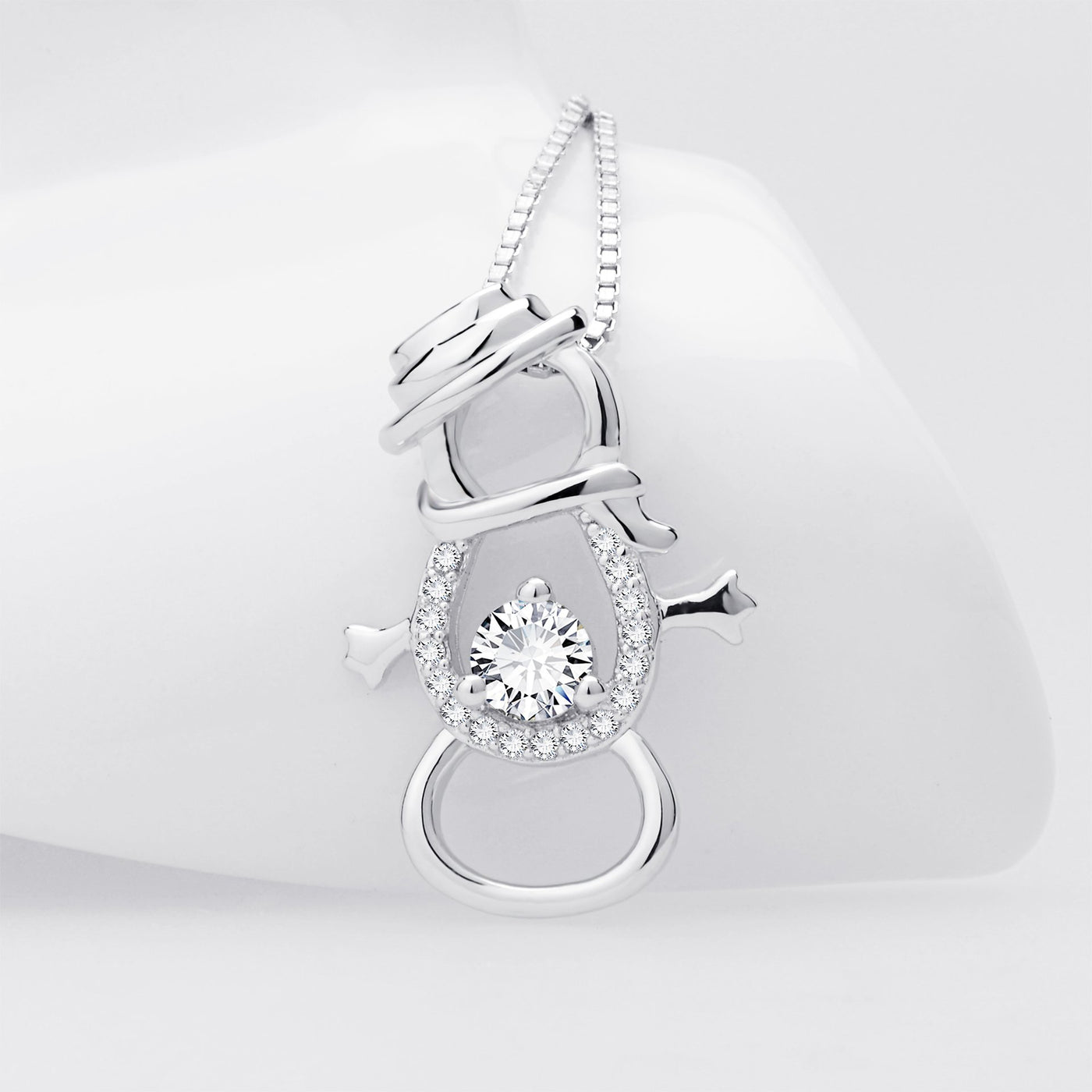 Winter Jolly Snowman 925 Sterling Silver Cubic Zirconia Necklace