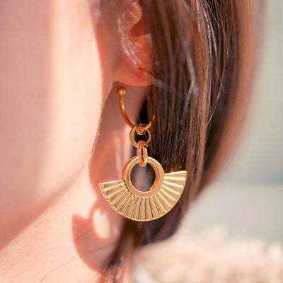 Woman Wearing Ancient Golden Fan Shaped 18K Gold Plated Sterling Silver Dangle Drop Earring