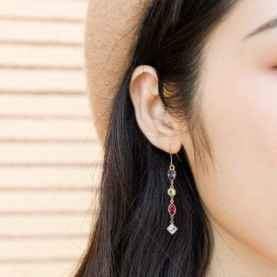 Woman Wearing Colorful Geometric Shaped Cubic Zirconia Sterling Silver 9K Gold Plated Long Dangle Earrings
