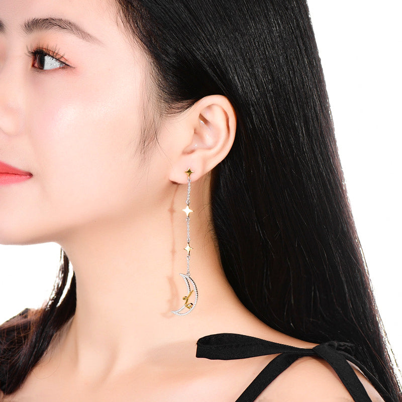 Woman Wearing Crescent Man In The Moon And Star 925 Sterling Silver Cubic Zirconia Dangle Drop Earrings