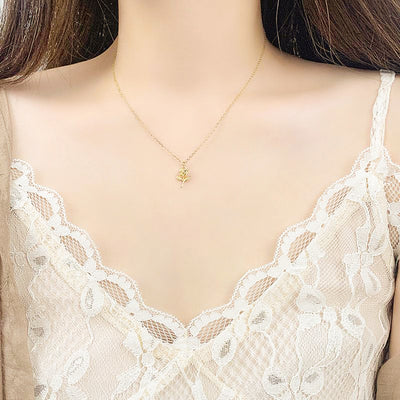 Woman Wearing Dainty Rose Flower 18K Gold Plated 925 Sterling Silver Necklace