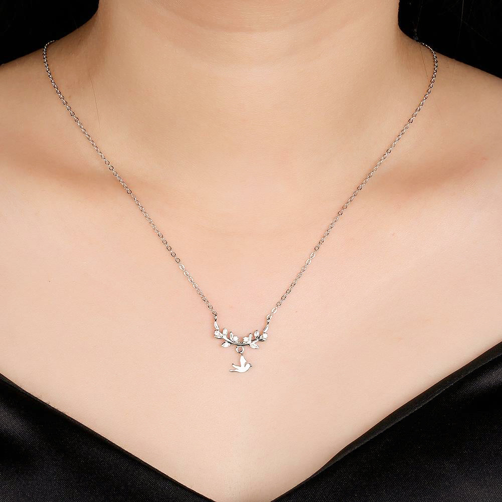 Woman Wearing Flying Dove And Leafy Olive Branch 925 Sterling Silver Dainty Necklace