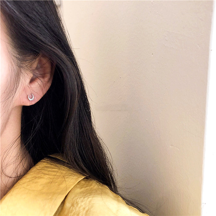 Woman Wearing Mini Crescent Moon Starry Night 925 Sterling Silver Stud Earrings