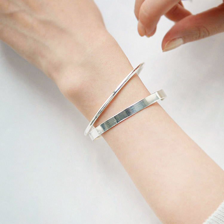 Woman Wearing Minimalist Stackable 925 Sterling Silver 5mm Simple Solid Bracelet