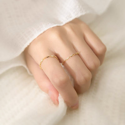 Woman Wearing Multiple Dainty Chain Link Style Minimalist Stackable 18K Gold Plated 925 Sterling Silver Ring