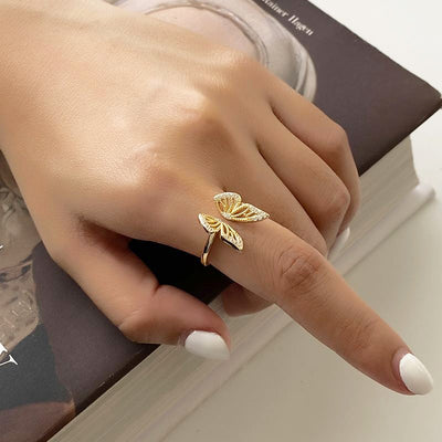 Woman Wearing Open Butterfly 18k Gold Plated 925 Sterling Silver Ring