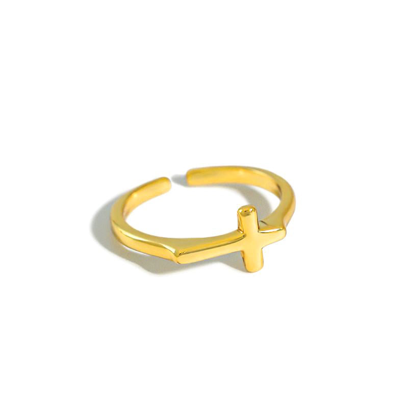 Adjustable Minimalist Plain Cross Ring In 925 Sterling Silver & 18K Gold Plate