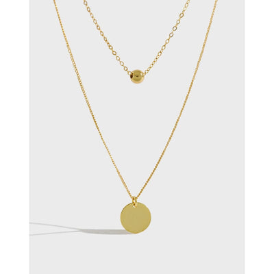 ball chain circle disk double layer stack gold plated sterling silver necklace