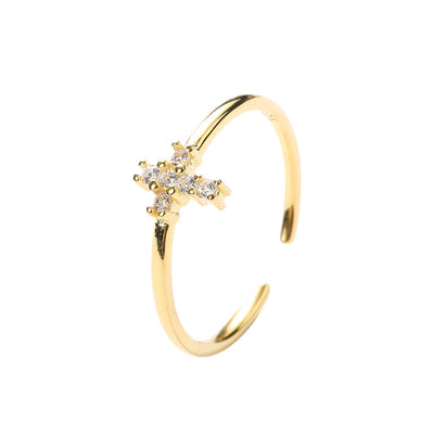 beautiful dainty sterling silver cross ring with cubic zirconia gemstones and gold plate