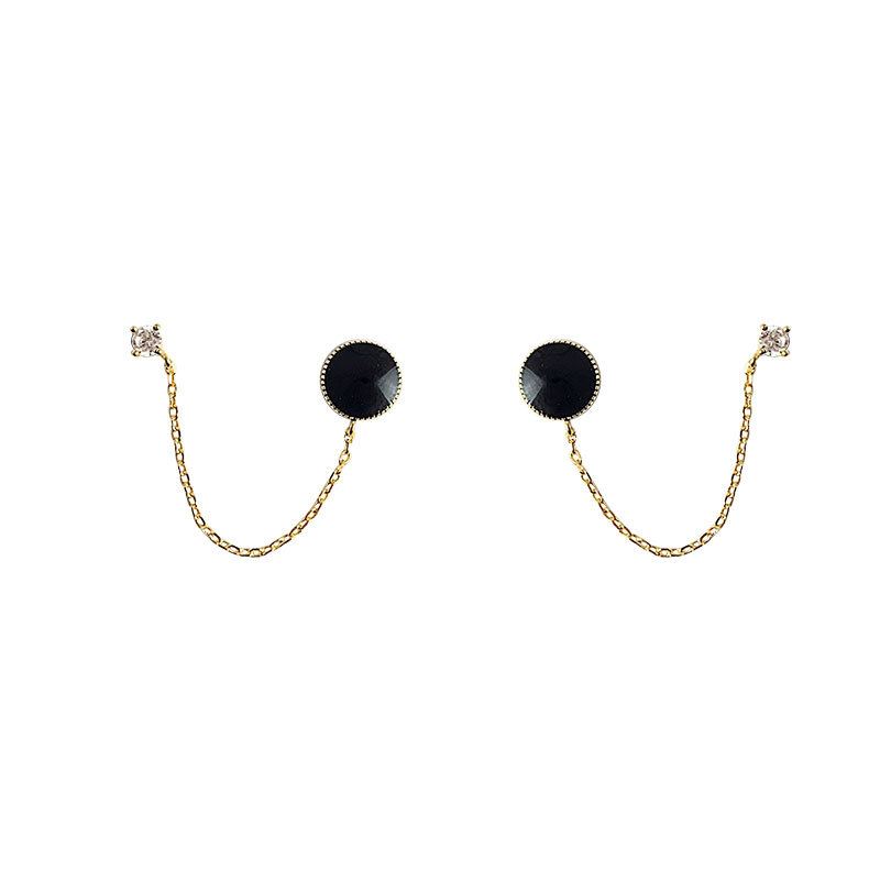 double pierced two hole black cubic zirconia sterling silver and 18k gold plate chain earrings