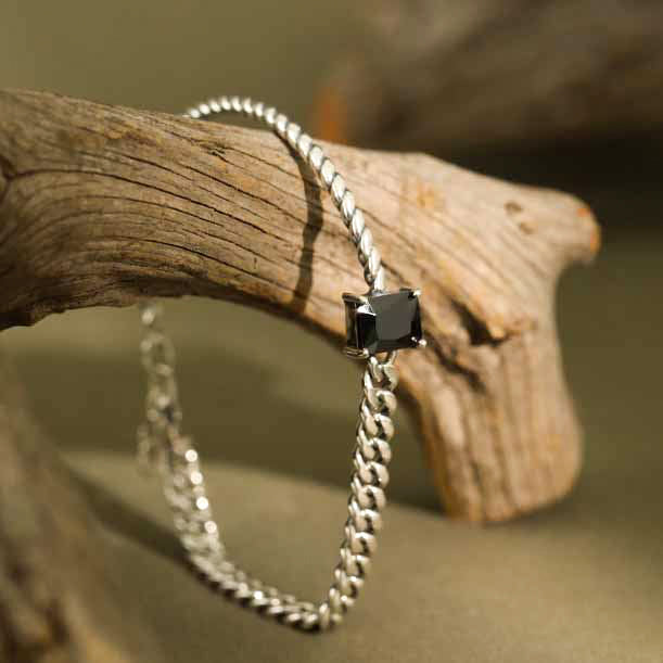 half rope link and cuban chain link black gemstone solid 925 sterling silver bracelet