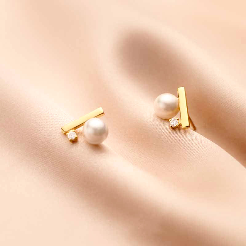 modern contemporary pearl shell bar 18k gold plated 925 sterling silver cubic zirconia earrings