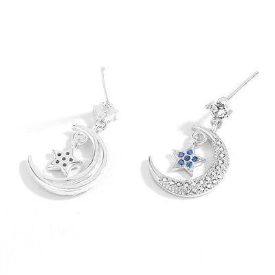 moon and blue star 925 sterling silver dangle drop earrings