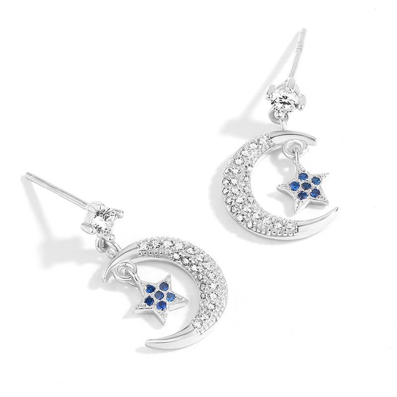 moon and blue star 925 sterling silver dangle drop earrings