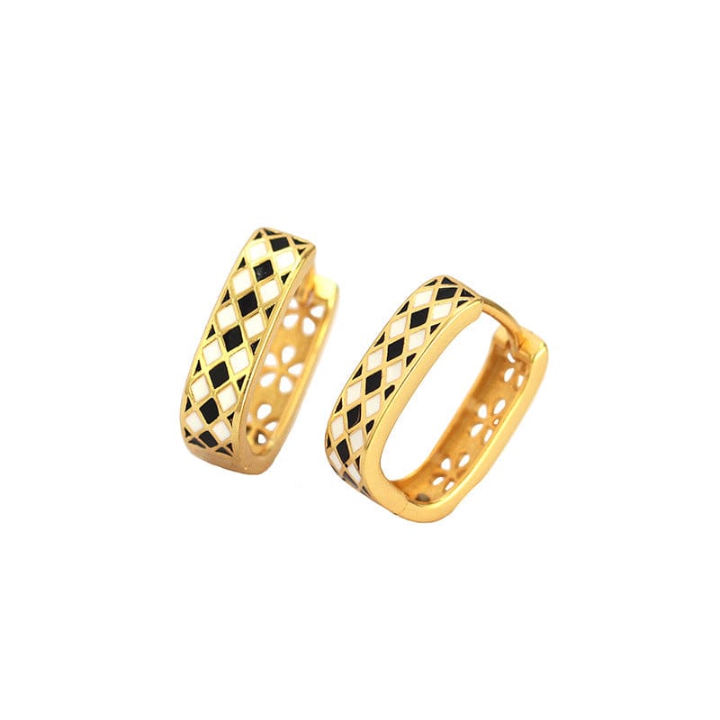 nolo checkmate black and white checkered sterling silver 18k gold plated  huggie hoop earrings
