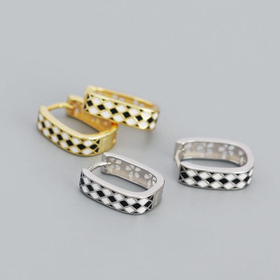 nolo checkmate black and white checkered sterling silver 18k gold plated rhodium plated huggie hoop earrings