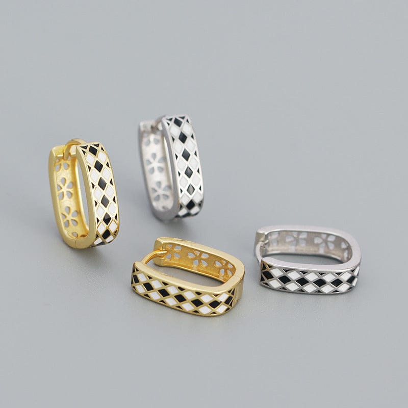 nolo checkmate black and white checkered sterling silver 18k gold plated rhodium plated huggie hoop earrings