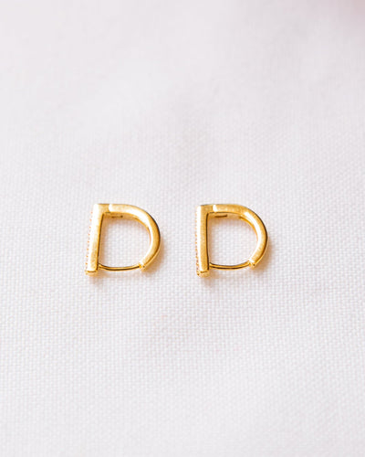 Flat Bar D Shape Small Huggie Luxurious 18K Gold Plated Sterling Silver Cubic Zirconia Earrings