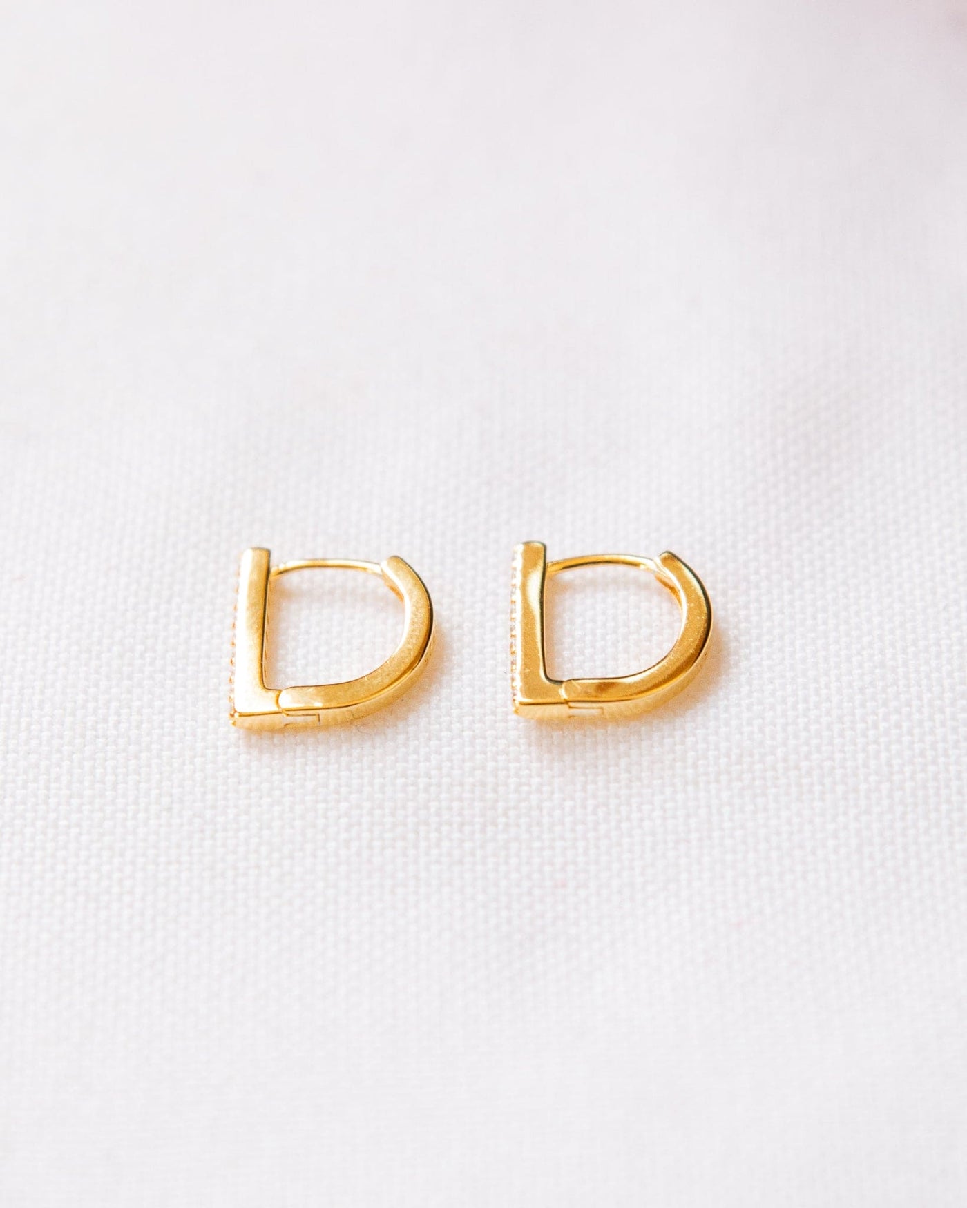 Flat Bar D Shape Small Huggie Luxurious 18K Gold Plated Sterling Silver Cubic Zirconia Earrings