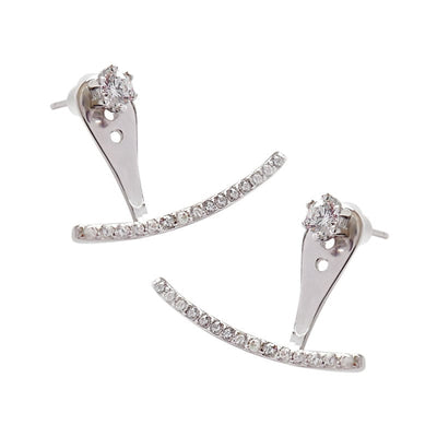 woman wearing nolo pinna wrap around stud outer ear curve arc cubic zirconia gemstone silver stud earrings