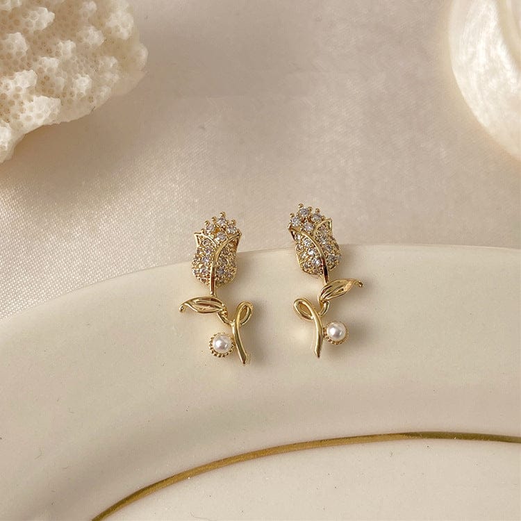 nolo rosa de reina rose flower pearl gold colored fashion stud earrings