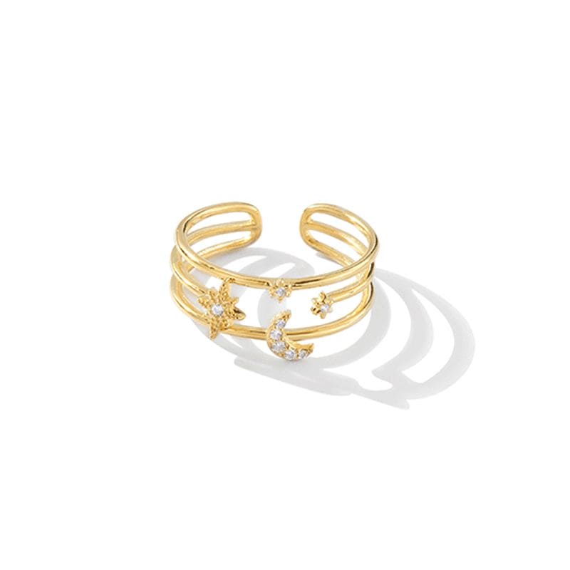 triple layered moon and star 18k gold plated sterling silver zirconia adjustable ring