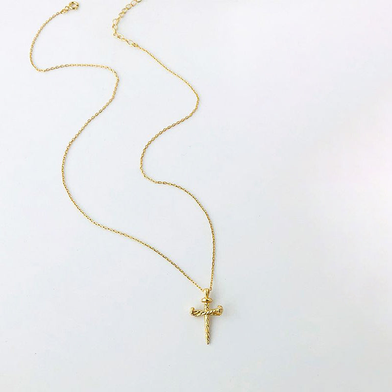 Rustic Twisted Nails Cross 18K Yellow Gold Women's Dainty Necklace