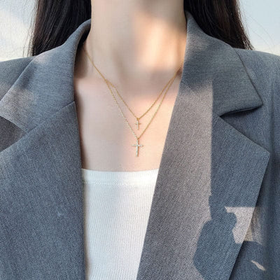 woman wearing 18k gold plated sterling silver double layer cross chain necklace