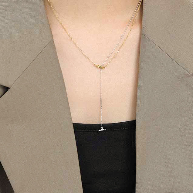 woman wearing multiple 3 style detachable lariat double chain 18k gold plated 925 sterling silver dainty necklace
