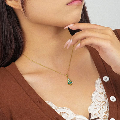 woman wearing nolo holiday 18k gold plated sterling silver Christmas tree colorful necklace