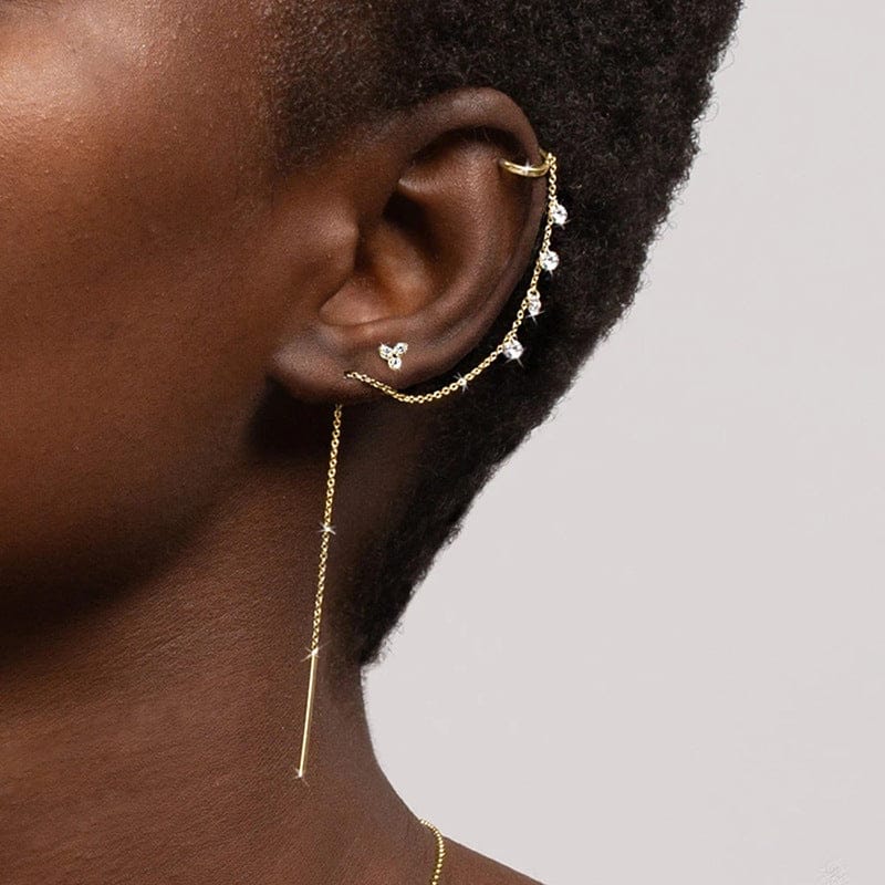 woman wearing nolo jada sterling silver gold plated threader gemstone earrings