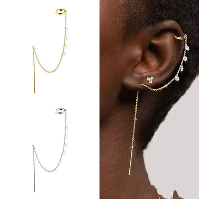 woman wearing nolo jada sterling silver gold plated white gold threader gemstone earrings