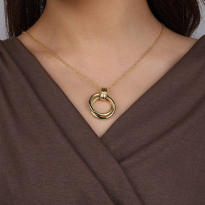 woman wearing nolo two circles double loop sterling silver 18k gold plated bold necklace