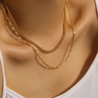 woman wearing rolo chain link 18k gold plated sterling silver necklace